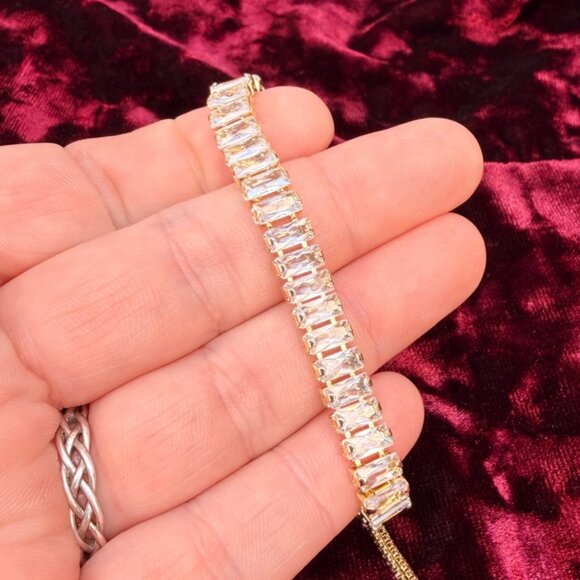 Slider Tennis Bracelet Gold Overlay Made with Swarovski Baguette Crystals - Picture 8 of 9